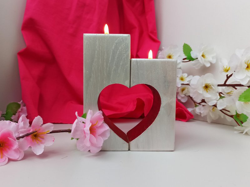 Heart tealight candle holder set of 2 - 蜡烛/烛台 - 木头 银色