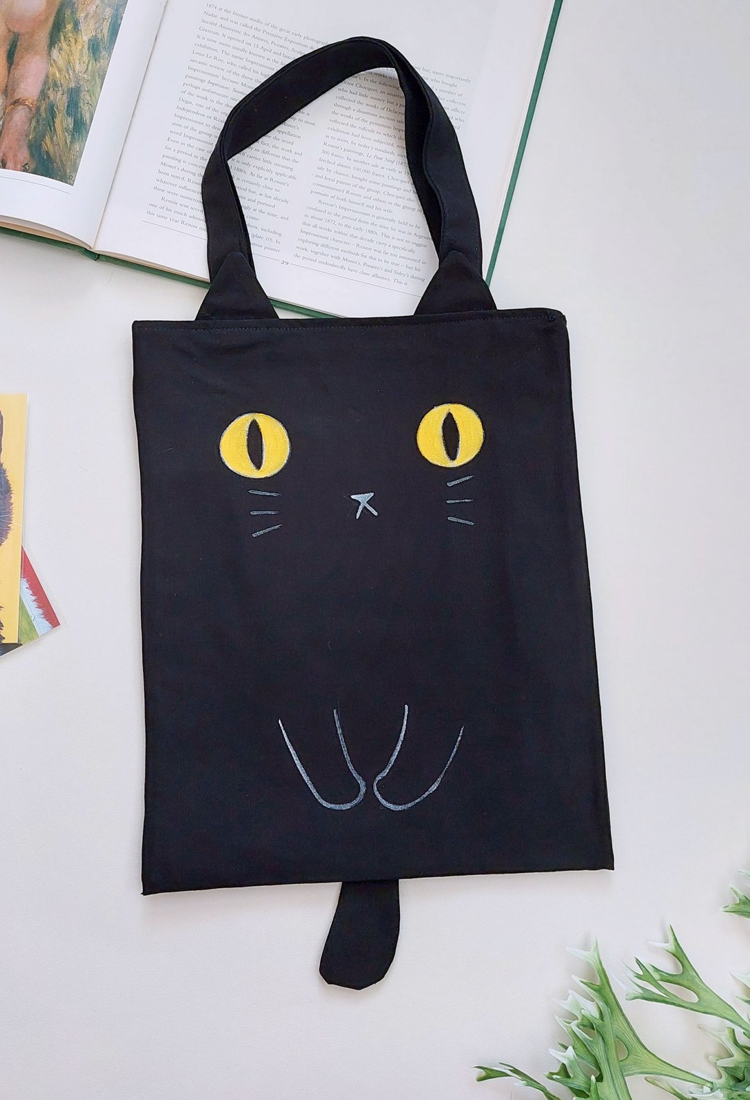 手绘猫咪A4手提袋/肩背袋-黑猫 - 手提包/手提袋 - 棉 黑色
