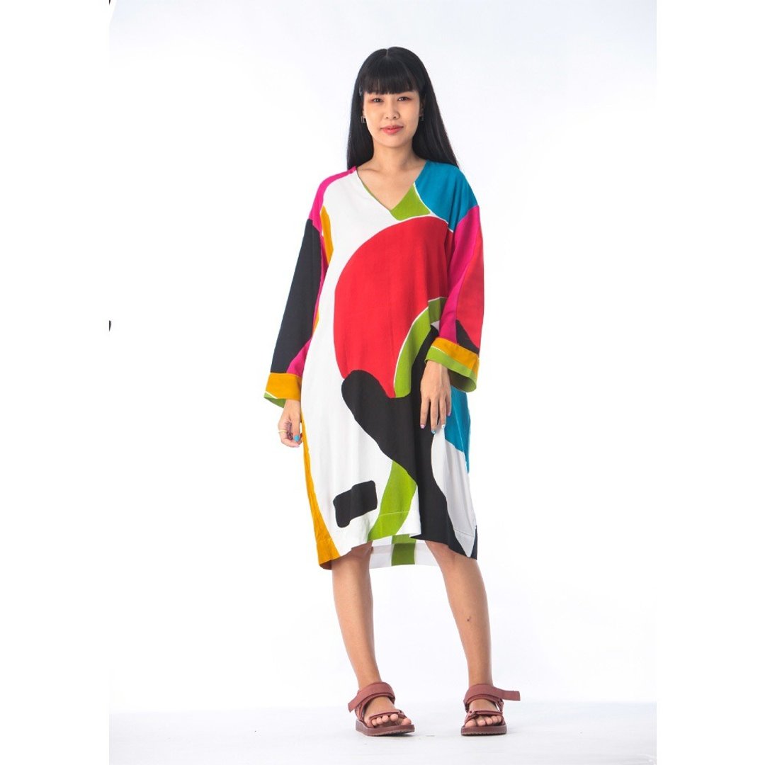 Short Dress Free Size Cotton Rayon Hand Paint - 洋装/连衣裙 - 棉 红色