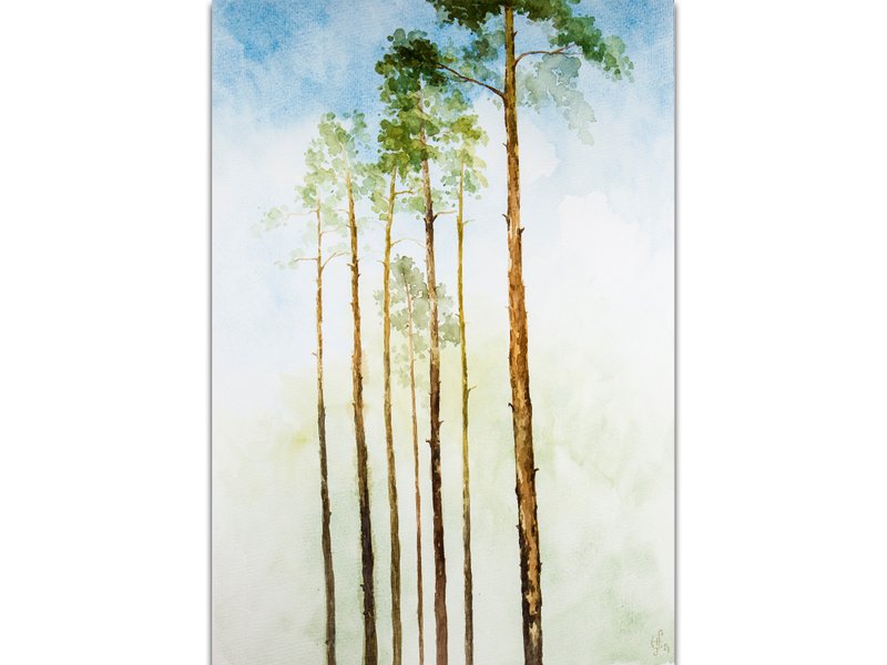 Pine Tree Painting Forest Original Art Watercolor Original Hand-Painted Art - 海报/装饰画/版画 - 纸 绿色