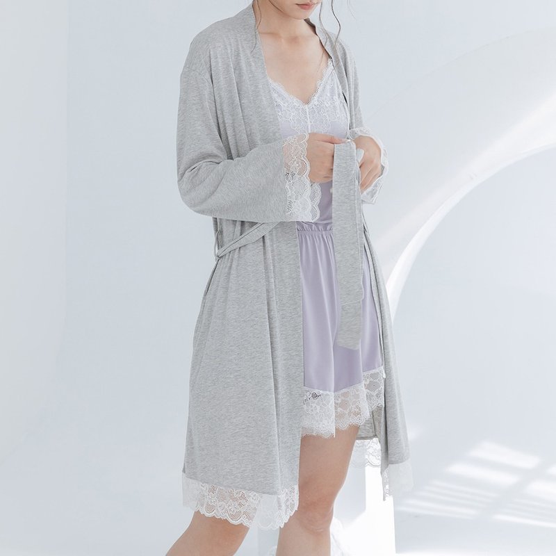 莫代尔法式蕾丝罩衫-灰色 - 居家服/睡衣 - 其他人造纤维 