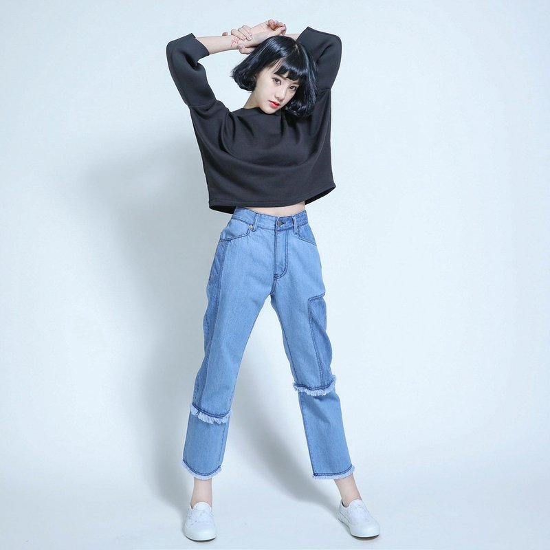 Descartes 笛卡尔剪接撞色牛仔裤_6AF301_蓝 - 女装长裤 - 棉．麻 蓝色