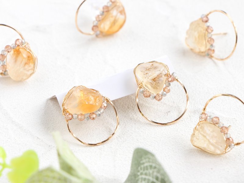 14kgf-citrine & natural brown zircon pierced earrings 不能改耳夾 - 耳环/耳夹 - 贵金属 橘色