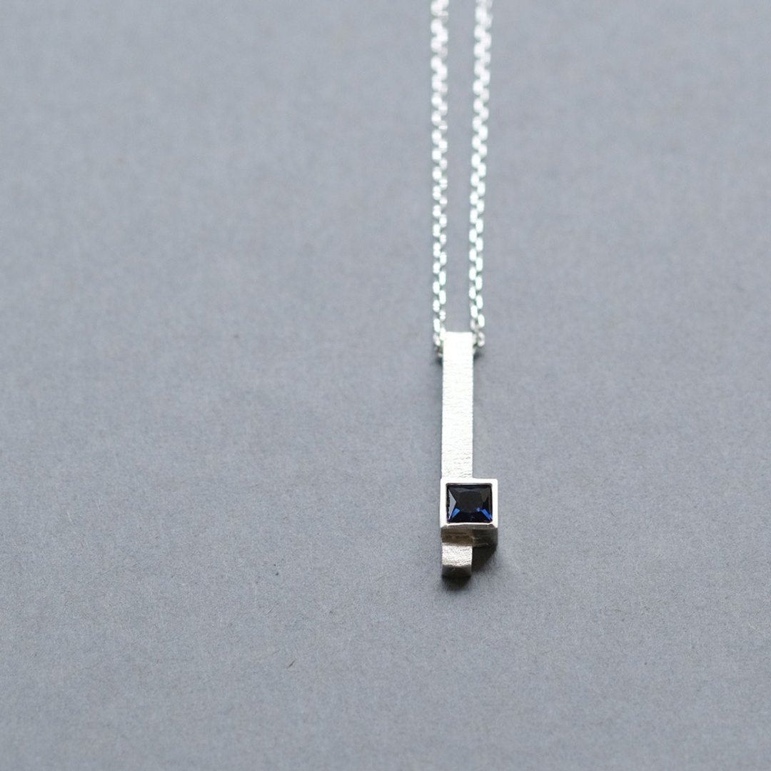 蓝宝石 方形 男士项链 925银 - 项链 - 其他金属 蓝色