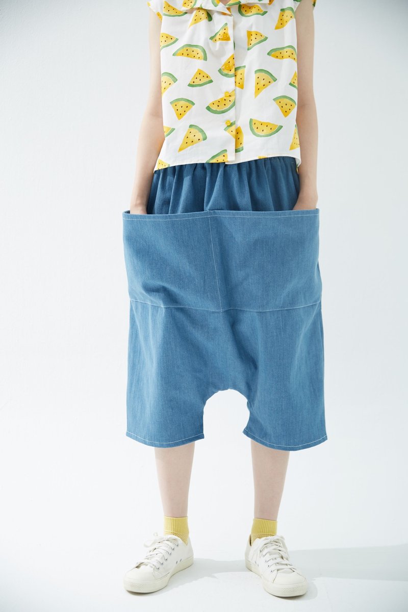 宽大口袋工作裤 - 中性裤装 - 棉．麻 蓝色