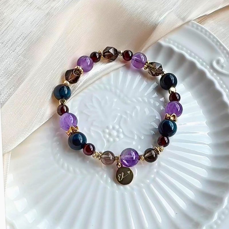 【夜丝绒】墨蓝虎眼、紫水晶、茶晶、红石榴石 - 手链/手环 - 水晶 紫色