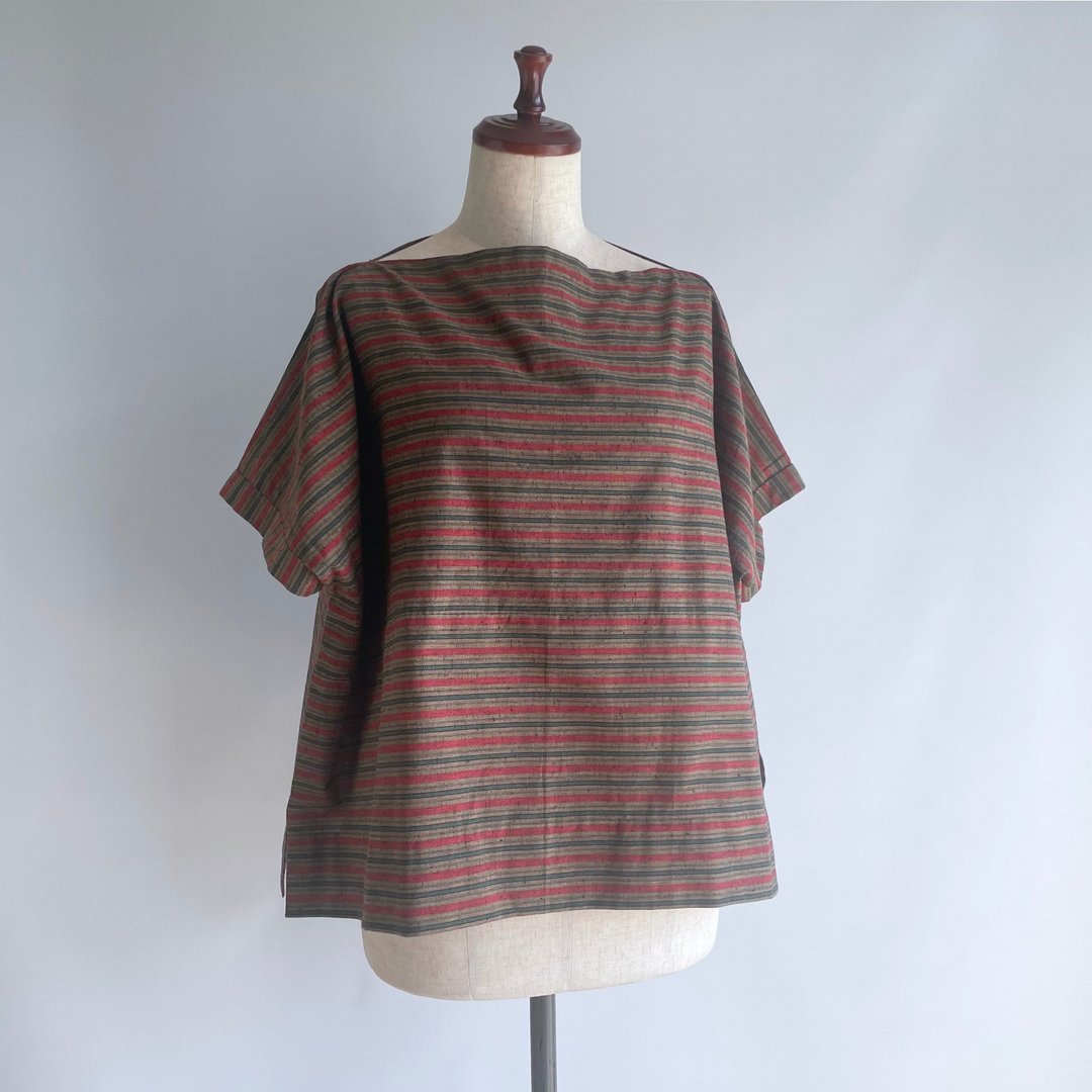 [独一无二] 宽袖套头衫，全手工缝制 - 棉质和服布料，红色条纹 - 女装上衣 - 丝．绢 红色