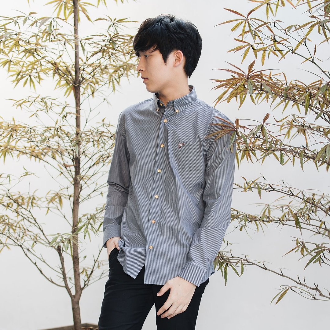 (SOLD) PLANE // dark grey stripe // men slim fit - 男装衬衫 - 棉 灰色
