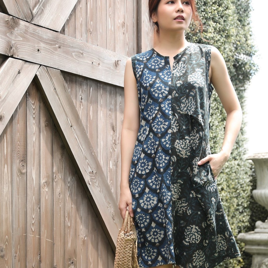 Natural Cotton Midi Sleeveless Dress Summer Cotton Dress - Mixed Pattern - 洋装/连衣裙 - 棉 蓝色