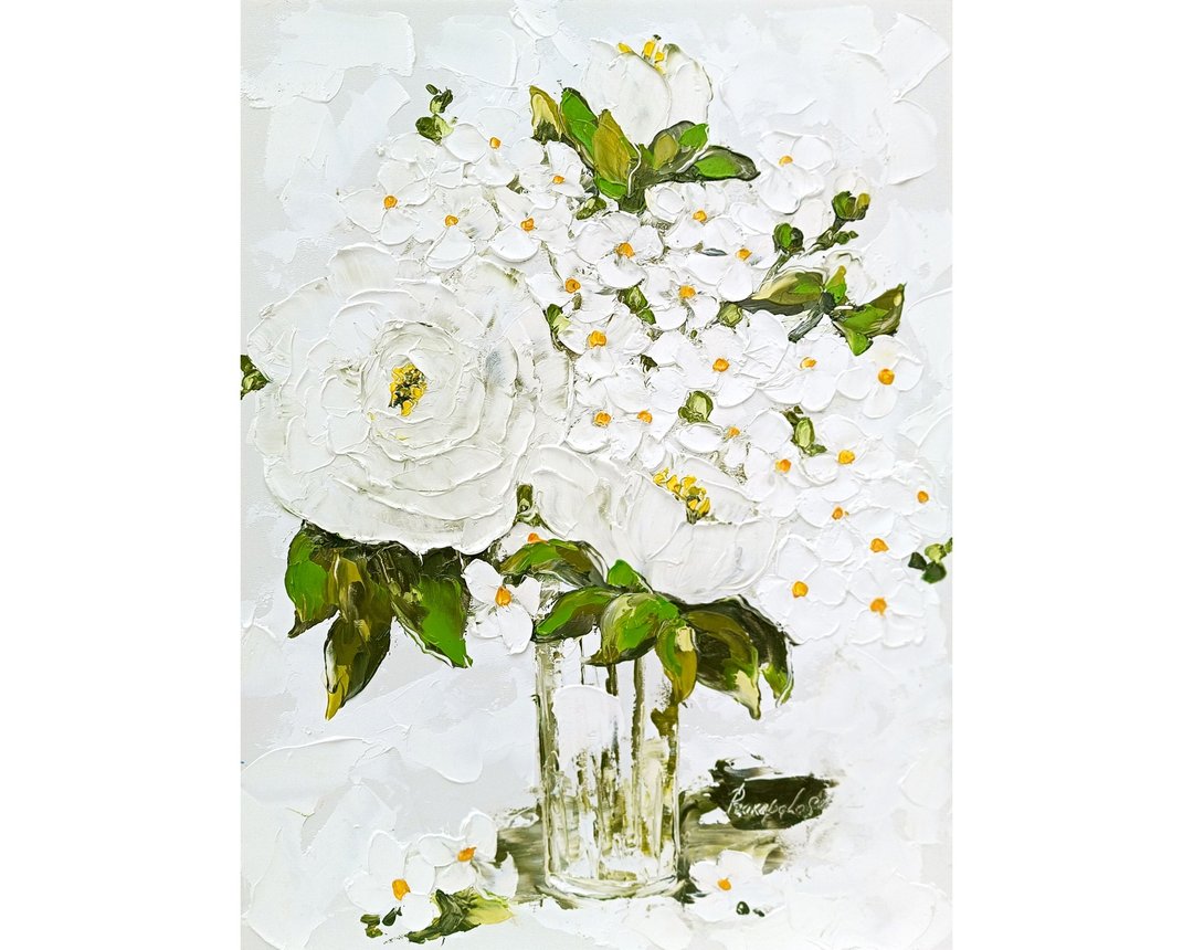Abstract Floral Peony Painting White Hydrangea in Vase 16 x 12 - 墙贴/壁贴 - 其他材质 白色