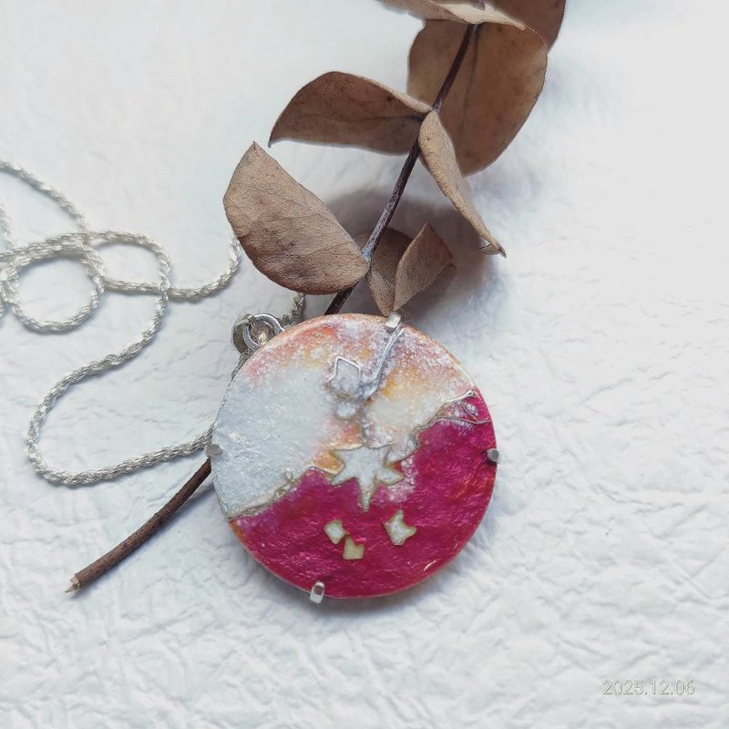 枫红飘雪-珐琅工艺项链 /纯银 珐琅 - 耳环/耳夹 - 银 红色