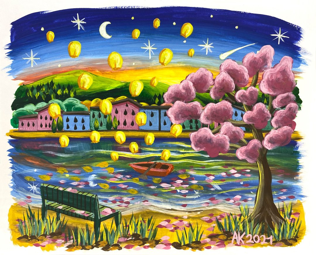秋夜2水粉画、风景艺术品、自然之夜、湖畔 - 墙贴/壁贴 - 其他材质 蓝色