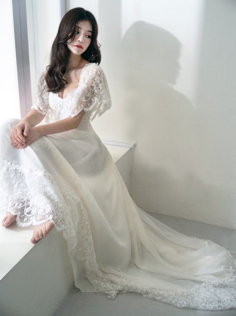 CreamyWhite 1970s 古董婚纱_大圆领垂肩蕾丝 - 晚装/礼服 - 其他材质 白色