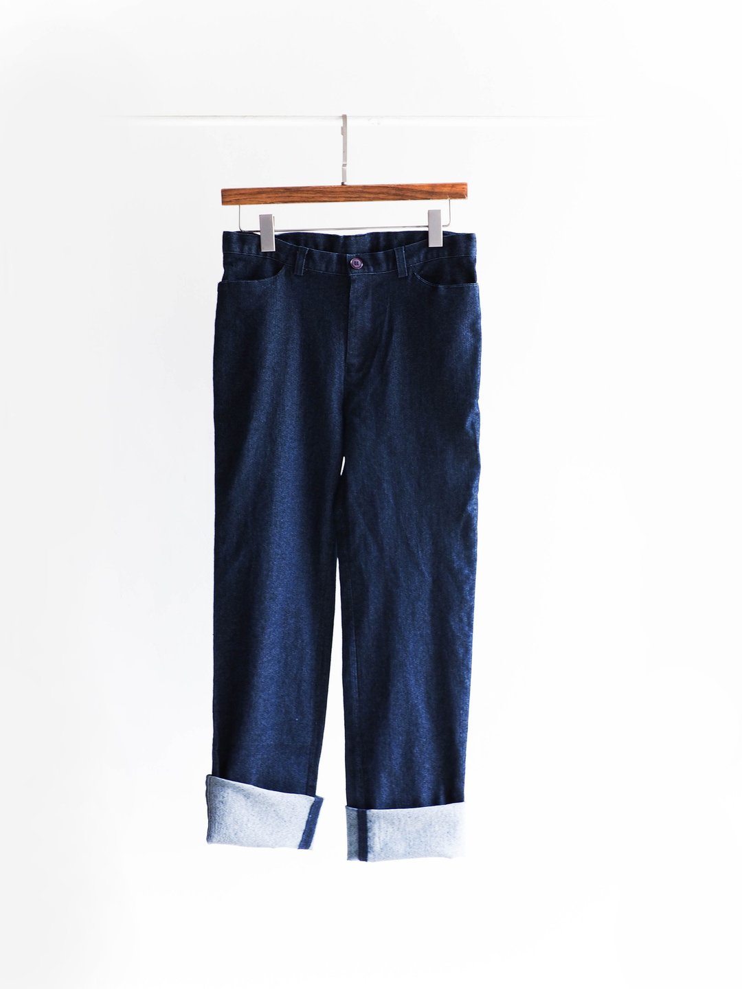 河水山 - 月夜深黑暗蓝宁静湖面 棉质丹宁古董直筒宽裤 古着 denim pants  vintage - 女装长裤 - 棉 蓝色