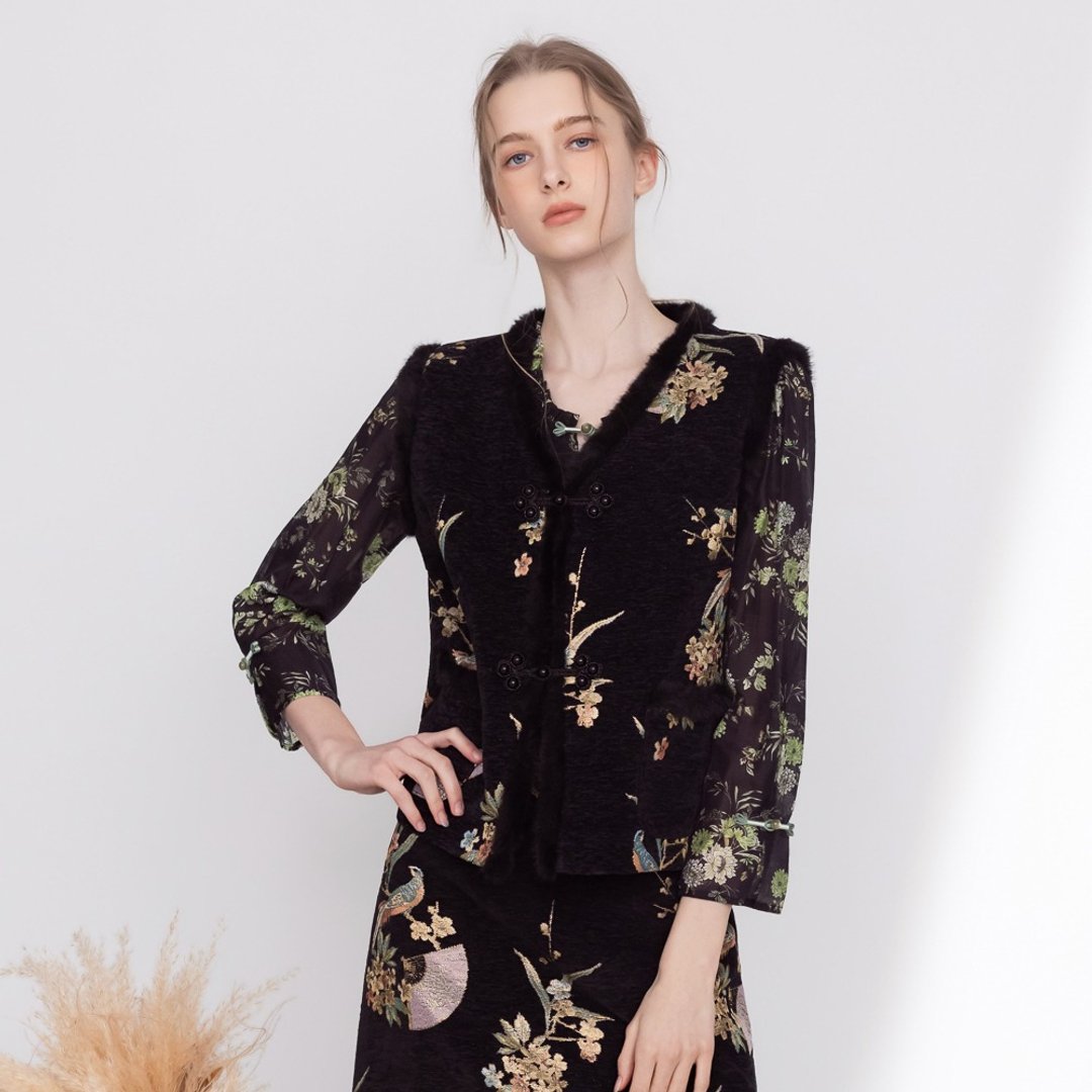 【MEDUSA】优雅中式花鸟刺绣毛领背心外套 (M-XL) | 毛边外套 夹克 - 女装休闲/机能外套 - 其他人造纤维 黑色