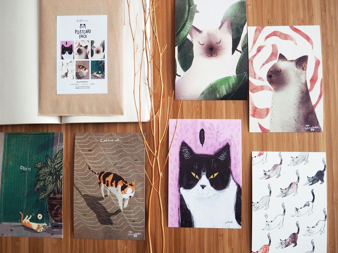 猫咪插画明信片，6张一组，尺寸 4x6 英寸 PS001 - 卡片/明信片 - 纸 咖啡色