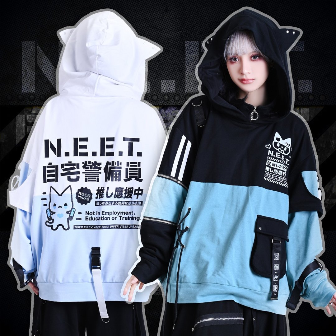 原创宅二次元推活猫NEET自宅警备员大口袋长袖猫耳连帽T恤JJ2514 - 中性连帽卫衣/T 恤 - 棉 