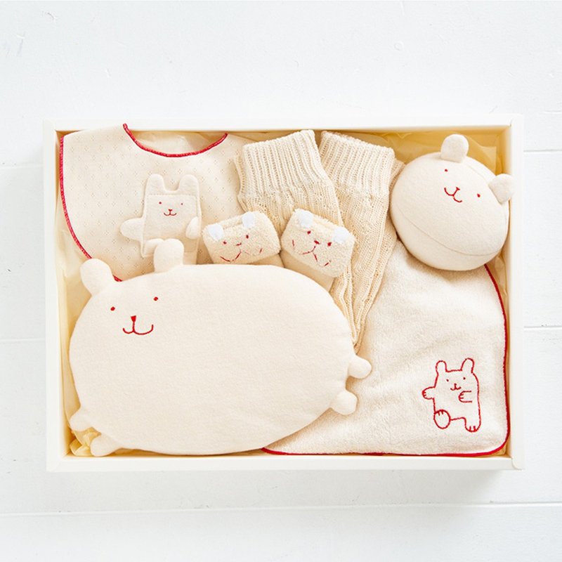Gift Set XL Rabbit Collection 100% Organic Cotton Style Ball Socks Mini Towel Cuddle Pillow Leg Warmers 6 Piece Set Made in Japan - 满月礼盒 - 棉．麻 白色