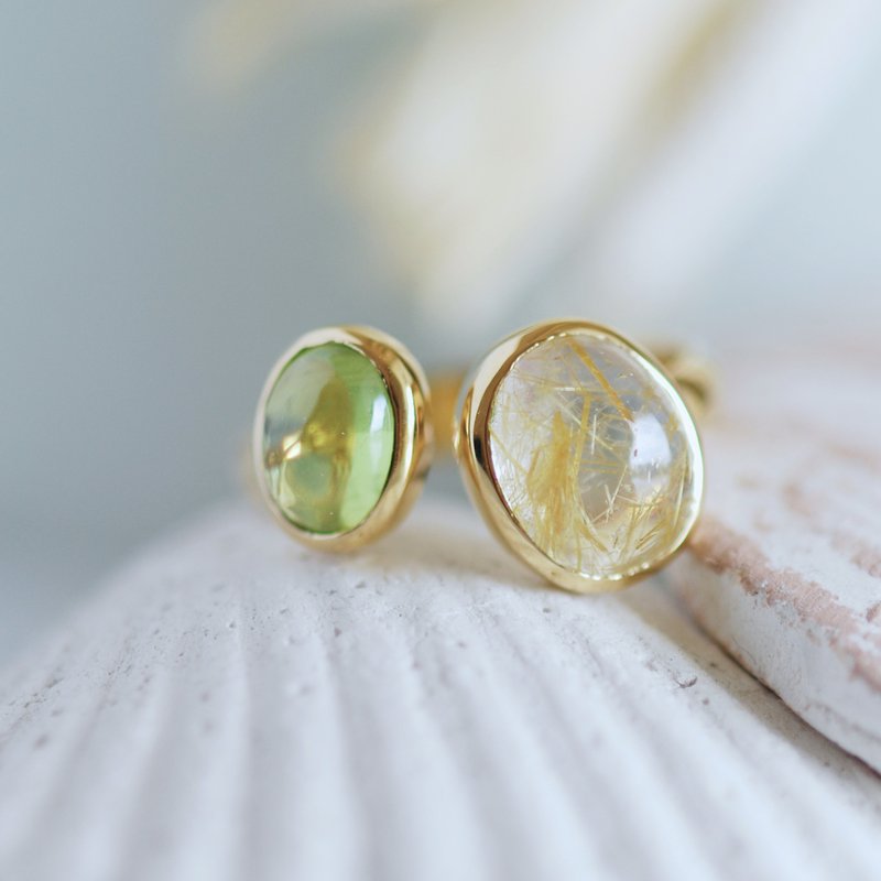 Adult color rutilated quartz peridot double stone ring [made to order] - 戒指 - 半宝石 绿色