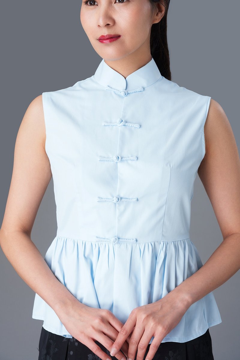 无袖褶边旗袍上衣 (浅蓝色) |香港设计 - 女装背心 - 棉．麻 蓝色