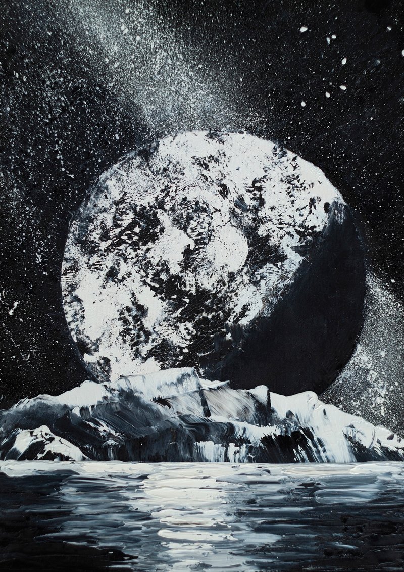 Moon Planet Painting Space Original Art Lake Landscape Night Milky Way Galaxy - 海报/装饰画/版画 - 其他材质 黑色