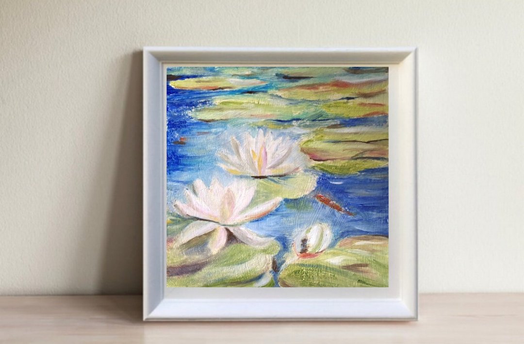 Water lilies Landscape pond mini wall art original oil painting - 墙贴/壁贴 - 其他材质 绿色