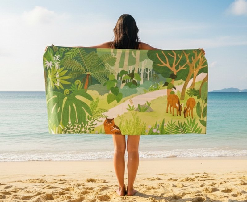 淡兰市集-海滩巾 独家插画款 北路 / 中路 / 南路 吸湿快干 柔软 - 毛巾浴巾 - 棉．麻 蓝色