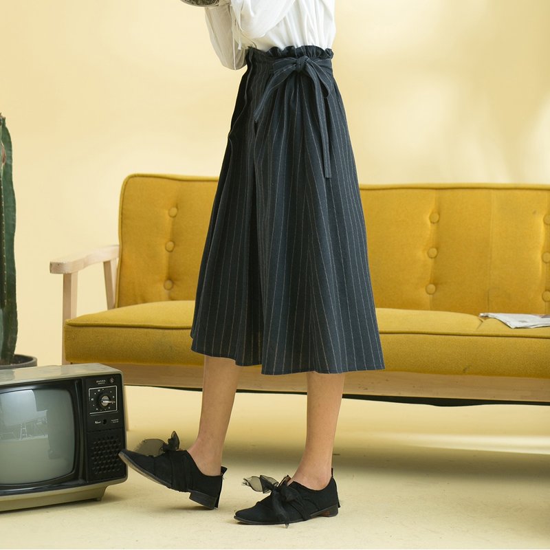 安妮陈2018春装新款女装前片顺皱系带半身裙 - 裙子 - 棉．麻 蓝色