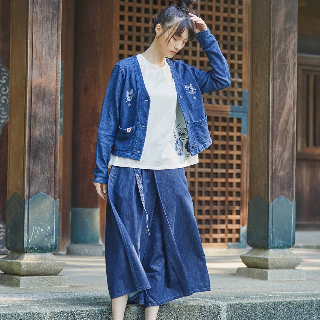 江户胜 日系 女装 刺子造型超宽裤裙(原蓝色) #裤子 - 女装长裤 - 棉 蓝色