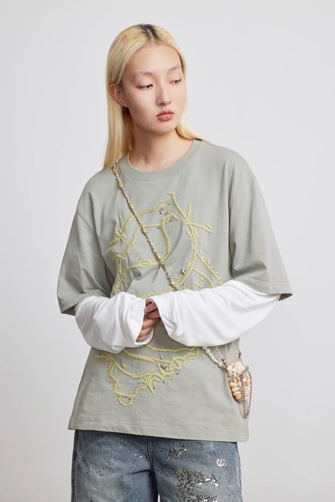 Conch Embroidery Long T-shirt 海螺刺绣长袖T恤 - 女装 T 恤 - 其他材质 灰色