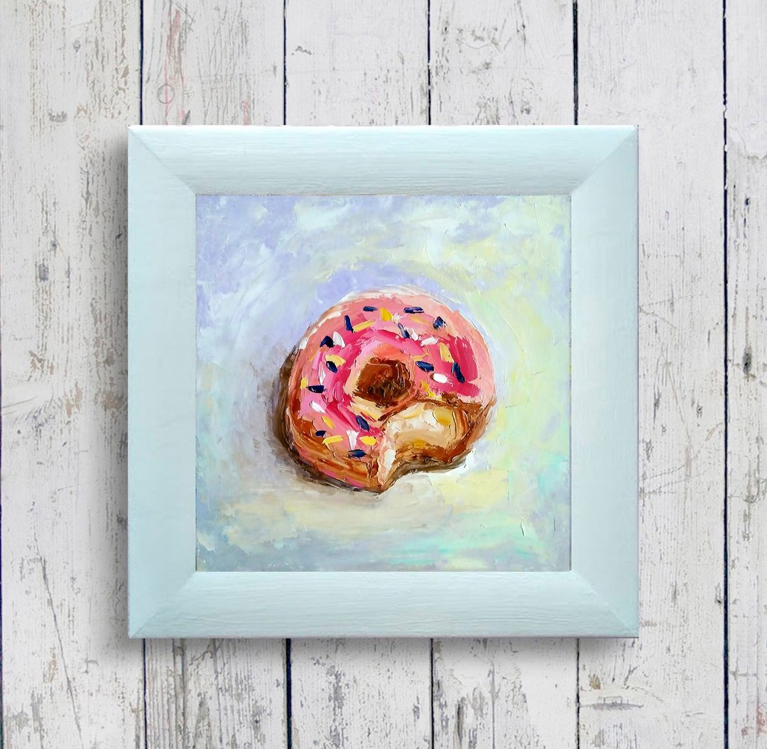 Donut Original Painting, Dessert Wall Art, Food Art, Kitchen Decor, 手工油畫, 油畫原作 - 海报/装饰画/版画 - 其他材质 多色