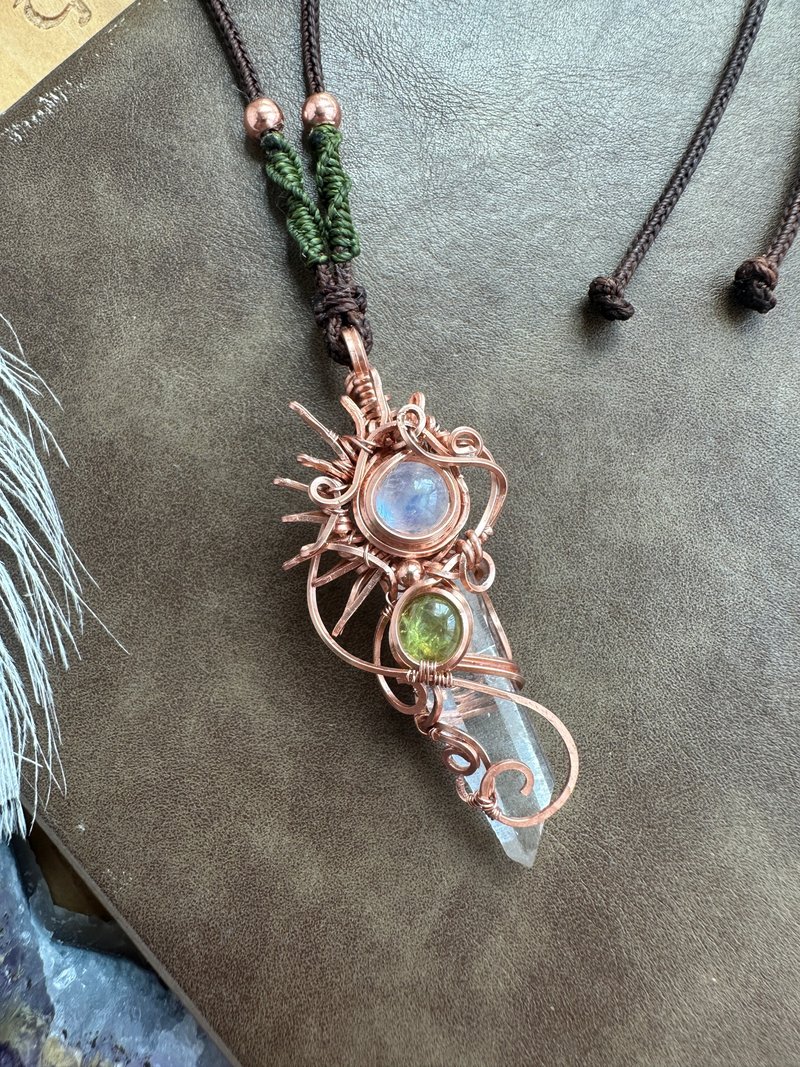 WW226 绕铜线 wire wrap 碧玺 月亮石 白水晶柱 吊咀 - 项链 - 铜/黄铜 咖啡色
