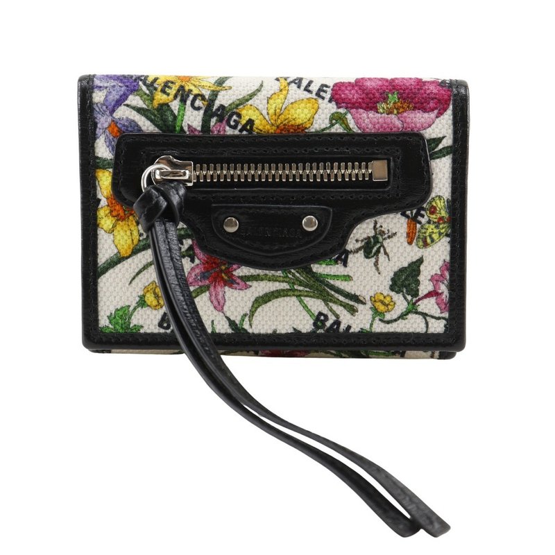 【日本直送】GUCCI 古驰 Neo Classic 迷你钱包 三折皮夹  સંગ્રહ Balenciaga 联名 681708 帆布 黑/ Multicolor 花卉图案 【二手】 - 皮夹/钱包 - 棉．麻 黑色