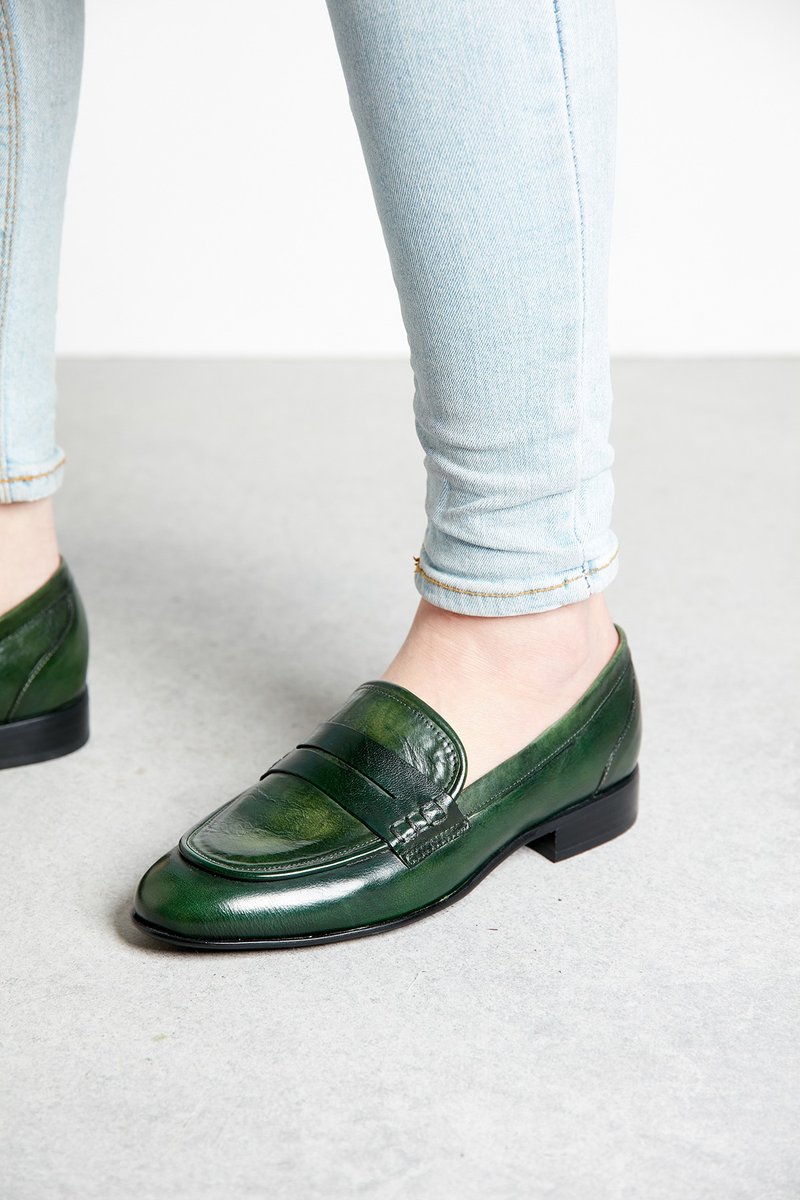 HTHREE 佩尼乐福鞋 / 针叶绿 / Penny Loafers - 女款牛津鞋/乐福鞋 - 真皮 绿色