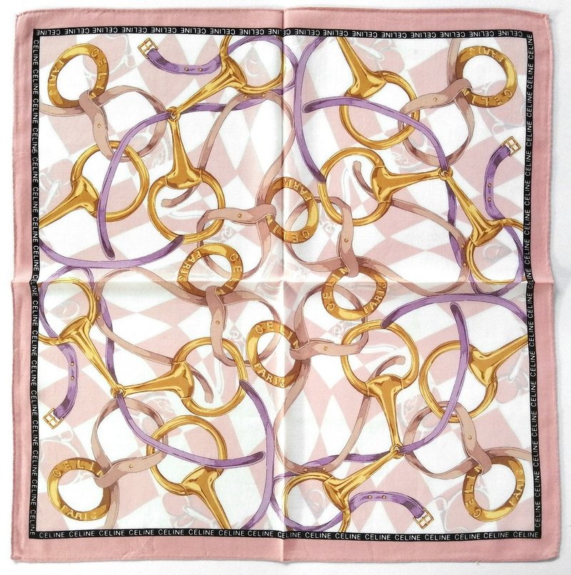 Celine Paris 古董头巾 马术链条马具 19 x 19 英寸 - 手帕/方巾 - 棉．麻 粉红色