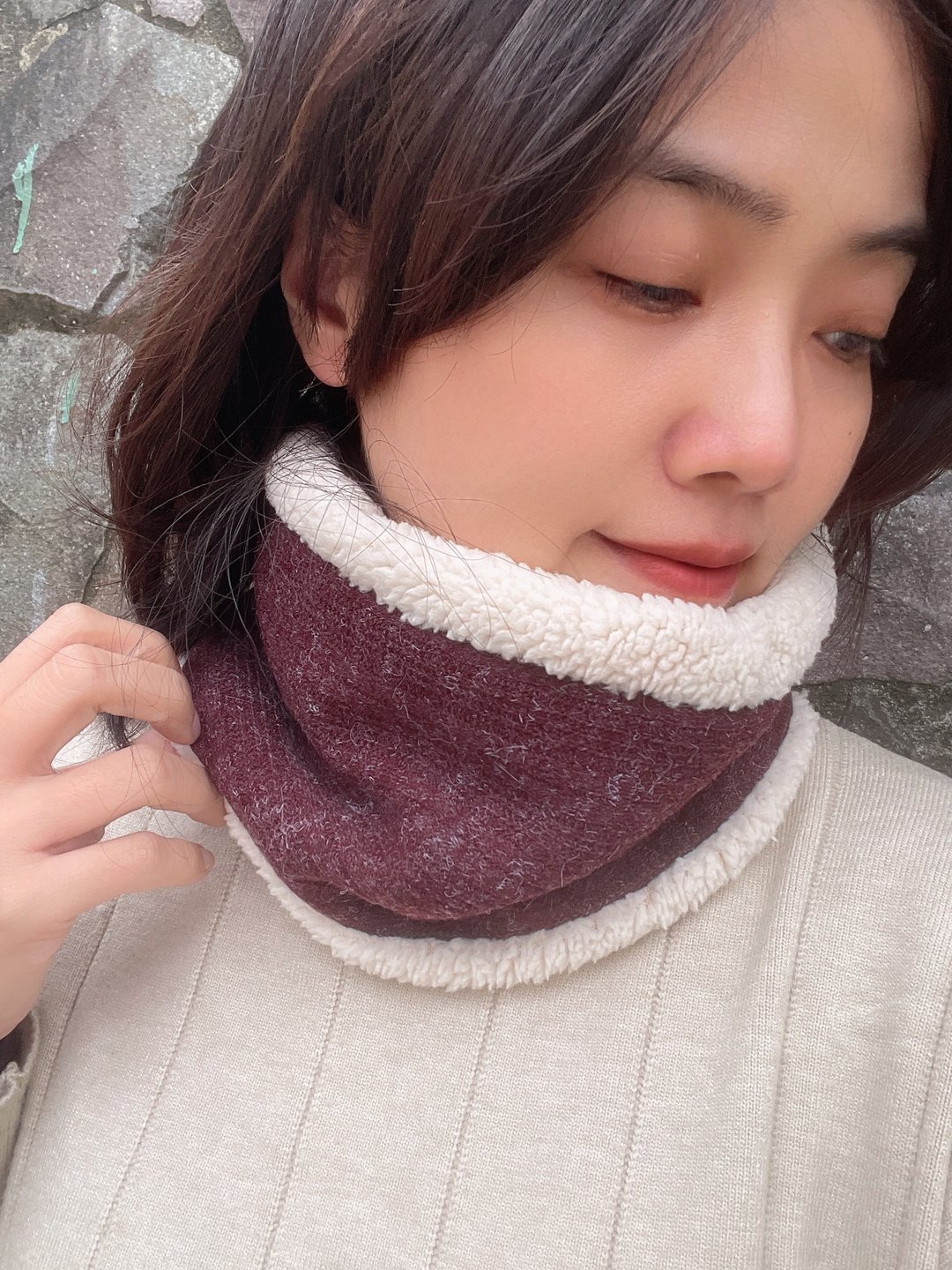 酒红  抽绳羊毛小围脖 围巾 帽子 - 围巾/披肩 - 棉 红色