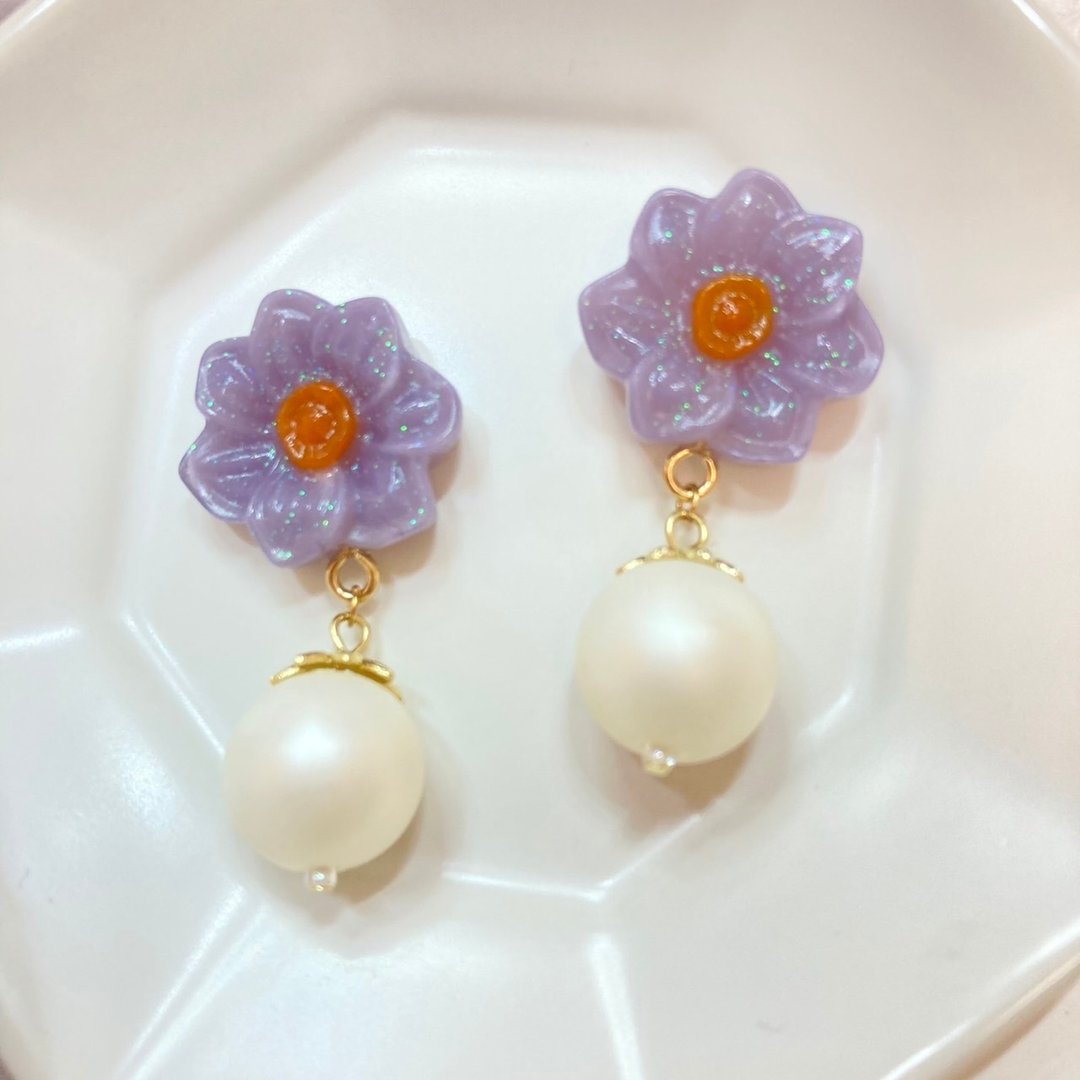 紫色 花朵 耳环 耳夹 雾面色 莫兰迪色 烟熏色 - 耳环/耳夹 - 树脂 紫色