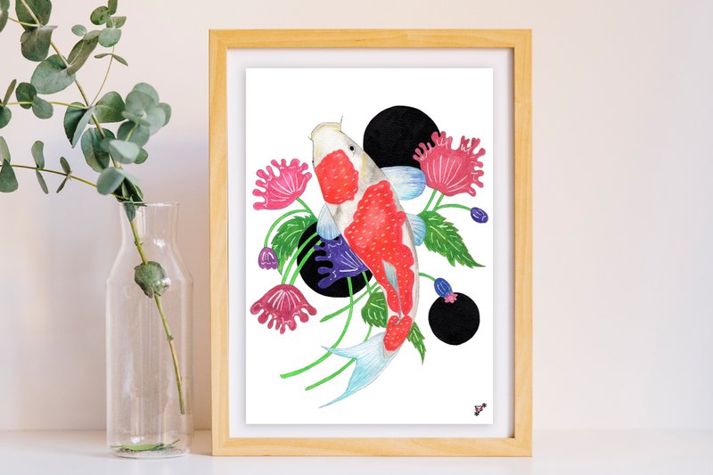 Japan A4 Poster // Koi and Shadow // Japan Decor Painting // Art Print - 海报/装饰画/版画 - 纸 白色