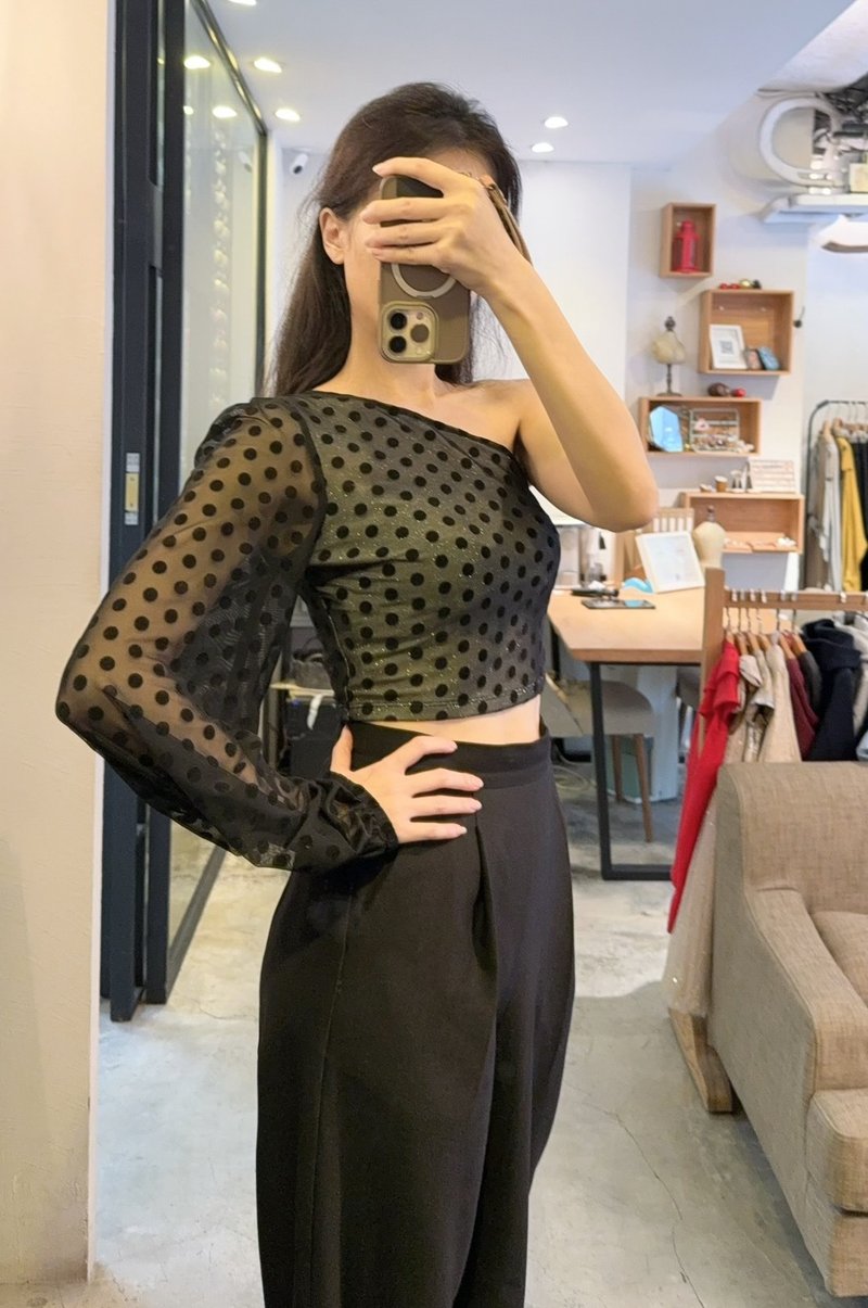 订制系列 - 斜肩长袖上衣 (水玉点) - 女装上衣 - 其他材质 