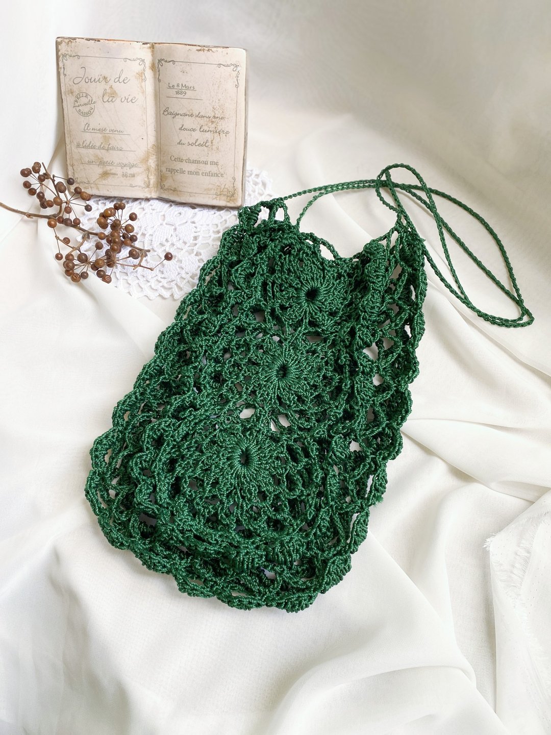 【好日手作】Handmade德国环保再生线编织邮差绿三朵花侧背包 - 侧背包/斜挎包 - 其他材质 绿色