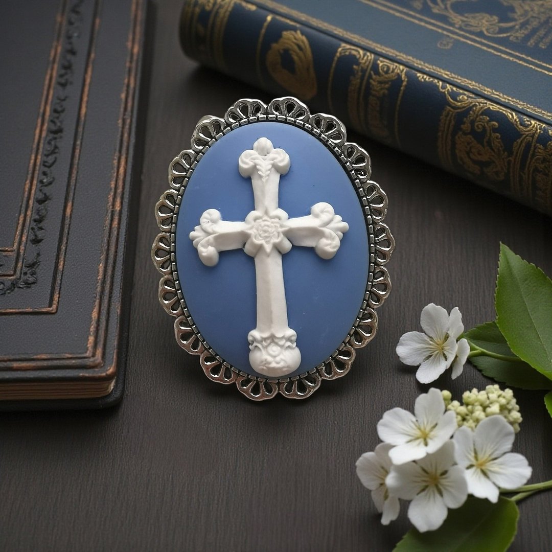 Cameo Brooch #111 珍珠母贝 胸针 十字架 蓝色 Cross - 胸针 - 塑料 蓝色