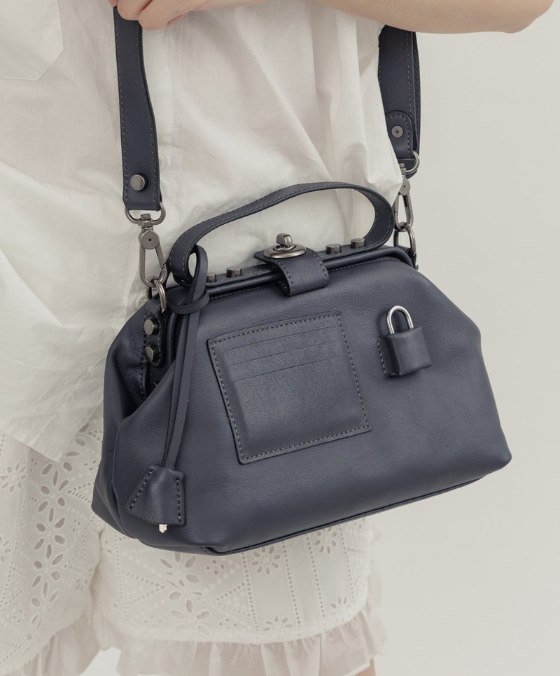 铆钉锁头钥匙真皮手提肩斜背3用医生包 黑 - 侧背包/斜挎包 - 真皮 黑色