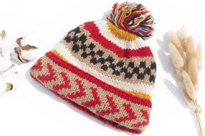 手织纯羊毛帽/针织毛帽/内刷毛手织毛帽/手工针织毛线帽-橘子草莓 保暖 暖暖 露营必备 登山必备 外出海边 下雪雪景道具 - 帽子 - 羊毛 多色