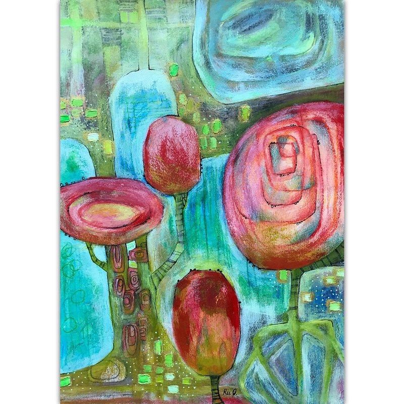 Fantasy floral painting Roses Original art Alien wall art Futurism by Rubinova - 海报/装饰画/版画 - 纸 多色