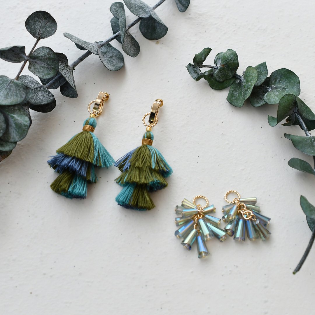 3WAY tassel earrings/Green Tree - 耳环/耳夹 - 绣线 绿色