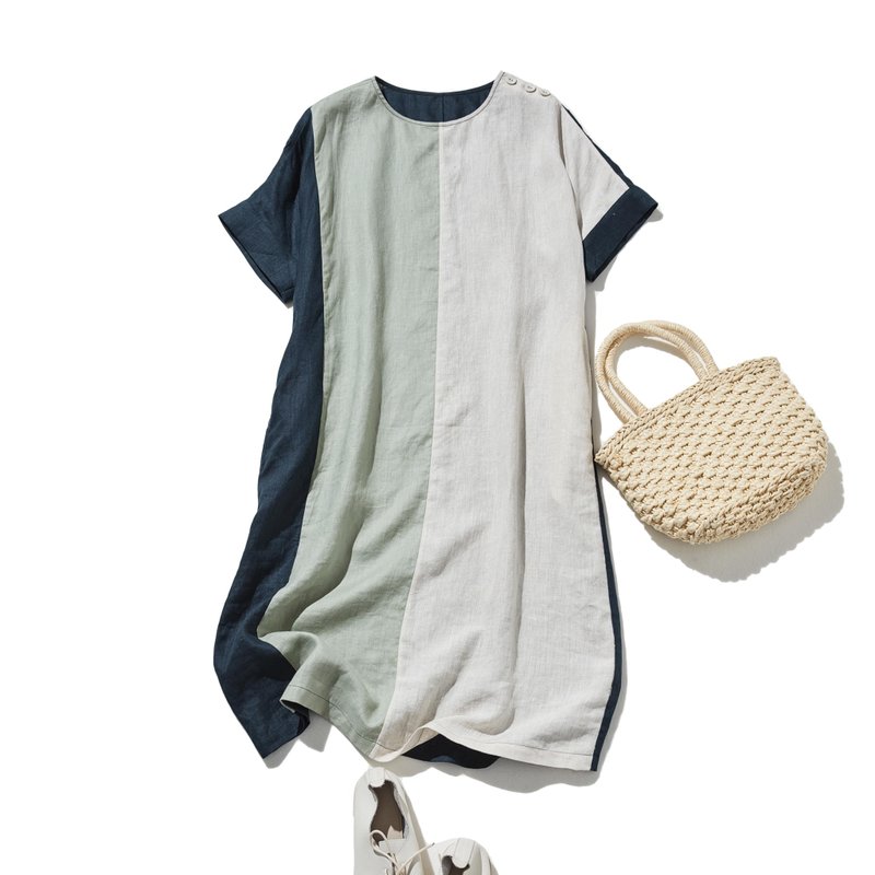 夏日经典洋装 撞色洋装 100%亚麻 短袖洋装 250705-1 - 洋装/连衣裙 - 棉．麻 