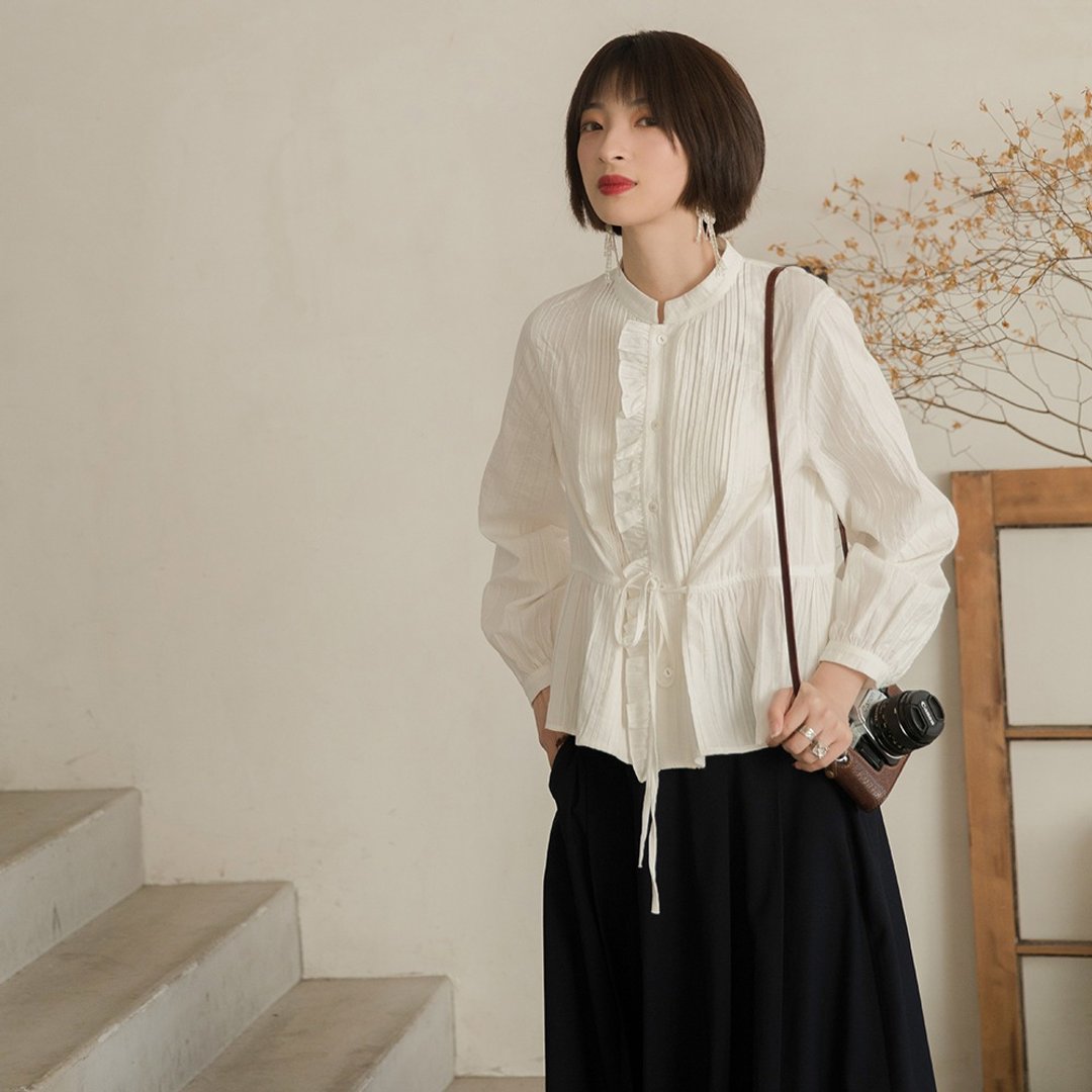 宫廷风花边长袖衬衫|衬衫|春款|棉|Sora-457 - 女装衬衫 - 棉 白色