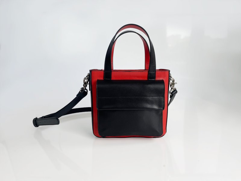 撞色手提侧背包 | 真皮 | 黑红撞色 - 手提包/手提袋 - 真皮 红色