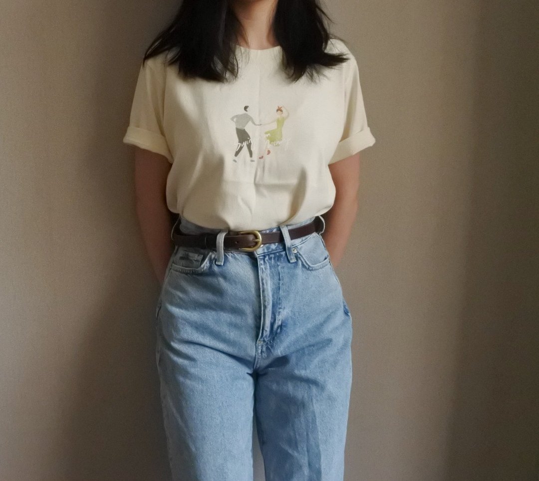 Birdddland原創手繪SwingDance 復古重磅Tshirt 奶油白 男女通用 - 中性连帽卫衣/T 恤 - 棉 白色