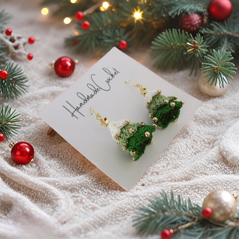 微鈎圣诞树耳环 - 耳环/耳夹 - 棉．麻 绿色